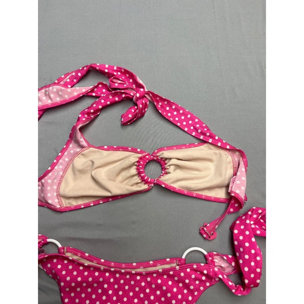 Skinny Dip Pink Polka Dot Halter Bikini Set O-Ring Side Tie Swimsuit Women M